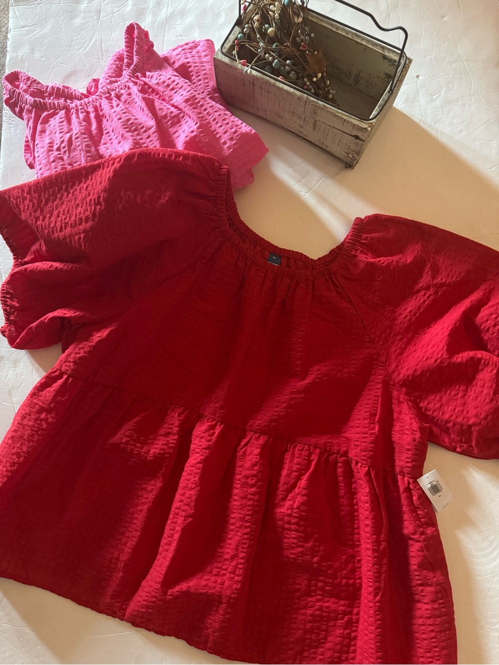 Old Navy Red Puff-Sleeve Peplum Blouse with Pink Accent